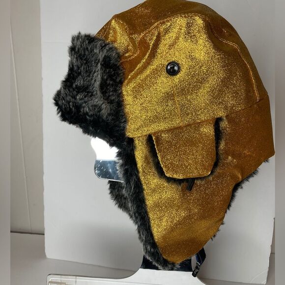 Glitter Faux Fur Trapper Hat Gold - Picture 2 of 7